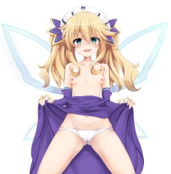 Rule 34 | 10s, 1girl, aqua eyes, bare pectorals, blonde hair, blush, breasts, cameltoe, clothes lift, dress, dress lift, fairy wings, hair ornament, hat, highres, hinakurukuru, histoire, long hair, looking at viewer, neptune (series), nipples, open mouth, panties, pectorals, skirt, skirt lift, small breasts, smile, solo, sweat, topless, transparent background, twintails, underwear, white panties, wings