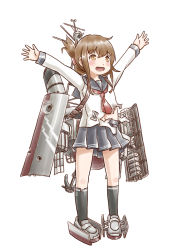 Rule 34 | 10s, 1girl, anchor, badge, black socks, blue sailor collar, blue skirt, brown eyes, brown hair, folded ponytail, hair ornament, hairclip, highres, inazuma (kancolle), kantai collection, karasu (naoshow357), kneehighs, long hair, machinery, mast, outstretched arms, pleated skirt, sailor collar, school uniform, serafuku, simple background, skirt, smokestack, socks, solo, spread arms, standing, torn clothes, white background