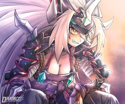 Rule 34 | 1girl, armor, artist name, bandages, bent over, breasts, chinese zodiac, cleavage, cosplay, digimon, dramonbt, fang, gaioumon, gaioumon (cosplay), gauntlets, hair between eyes, hands on lap, hands on own legs, highres, horns, large breasts, long hair, shoulder armor, sitting, slit pupils, smirk, solo, white hair, year of the dragon, yellow eyes