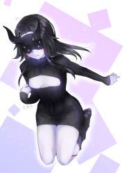 Rule 34 | 1girl, abyssal ship, alternate costume, black dress, black hair, blush, breasts, cleavage cutout, closed mouth, clothing cutout, colored skin, dress, highres, horns, kantai collection, light cruiser princess, long hair, long sleeves, looking at viewer, meme attire, mochitsuki (mo chooon), no bra, open-chest sweater, purple skin, short dress, single horn, small breasts, solo, sweater