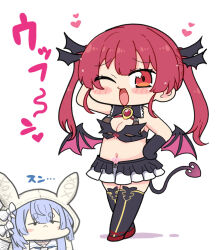 Rule 34 | 2girls, animal ears, arm behind head, black gloves, black thighhighs, blue hair, breasts, chibi, cleavage, cleavage cutout, clothing cutout, commentary request, demon girl, demon tail, demon wings, elbow gloves, frilled skirt, frills, gloves, hand on own hip, head wings, heart, heart tattoo, hololive, houshou marine, matarou (matarou072), medium breasts, multiple girls, navel, pubic tattoo, rabbit ears, rabbit girl, red eyes, red hair, skirt, tail, tattoo, thighhighs, translation request, twintails, usada pekora, virtual youtuber, white hood, wings