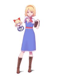 Rule 34 | 1girl, alice margatroid, ascot, blonde hair, blue dress, blue eyes, book, boots, brown footwear, capelet, doll, dress, frilled ascot, frills, grimoire, grimoire of alice, hairband, highres, lolita hairband, mini person, minigirl, puffy short sleeves, puffy sleeves, red ascot, red hairband, shanghai doll, short hair, short sleeves, simple background, solo, touhou, tsukebo, white background, yellow eyes