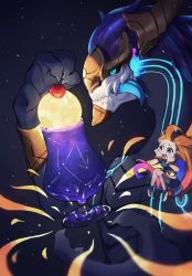 Rule 34 | 1girl, absurdres, aurelion sol (league of legends), black skin, blue eyes, blue hair, cherry, colored skin, dragon, eastern dragon, food, fruit, giant, glass, glowing, green eyes, hand up, hands up, highres, league of legends, long hair, open mouth, orange hair, pink hair, sasakure somurie, sharp teeth, space, teeth, tongue, tongue out, upper teeth only, zoe (league of legends)