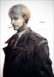 Rule 34 | 1boy, black coat, black necktie, blonde hair, business suit, chainsaw man, cigarette, coat, curtained hair, earrings, facial hair, formal, jewelry, k-suwabe, kishibe (chainsaw man), male focus, mouth hold, necktie, short hair, simple background, smoke, smoking, solo, stubble, suit, upper body, white background
