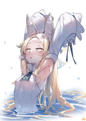 Rule 34 | 1girl, absurdly long hair, animal ear fluff, animal ears, armpits, arms up, blonde hair, blue archive, blue necktie, breasts, buttons, detached sleeves, double-breasted, dress, flower, forehead, fox ears, gradient eyes, hair flower, hair ornament, highres, keyfanjun, long hair, long sleeves, multicolored eyes, narrowed eyes, necktie, no halo, open mouth, parted bangs, partially submerged, pink eyes, puffy detached sleeves, puffy long sleeves, puffy sleeves, sailor collar, seia (blue archive), short necktie, sleeves past fingers, sleeves past wrists, small breasts, solo, very long hair, wet, wet clothes, white dress, yellow eyes