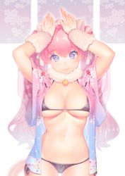Rule 34 | 1girl, ahoge, animal ears, arms up, bell, bikini, black bikini, blue eyes, blue kimono, blush, breasts, cameltoe, cat ears, cleavage, collar, cowboy shot, fiodo, fur collar, heart, heart-shaped pupils, highres, japanese clothes, jingle bell, kimono, large breasts, long hair, looking at viewer, micro bikini, navel, neck bell, open clothes, open kimono, original, pink hair, pink kimono, skindentation, smile, solo, swimsuit, symbol-shaped pupils, thighs, twintails, wavy hair