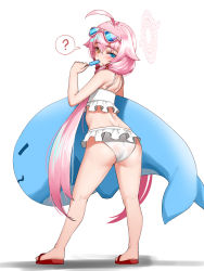 Rule 34 | 1girl, ahoge, ass, bikini, blue archive, blue eyes, cho!cho!, eyewear on head, flip-flops, food, food in mouth, frilled bikini, frills, from behind, full body, hair bobbles, hair ornament, halo, heterochromia, highres, hoshino (blue archive), hoshino (swimsuit) (blue archive), inflatable toy, inflatable whale, long hair, looking at viewer, looking back, low twintails, official alternate costume, pink hair, popsicle, popsicle in mouth, popsicle stick, sandals, solo, standing, sunglasses, swimsuit, twintails, very long hair, white-framed eyewear, white background, white bikini, yellow eyes