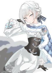 Rule 34 | 1girl, akershus fortress (oshiro project), bad id, bad pixiv id, black gloves, blue cloak, blue eyes, blurry, blurry background, cloak, closed mouth, commission, frills, fur trim, gloves, glowing, grey hair, hair ornament, highres, koga taiga, looking at viewer, medium hair, oshiro project:re, padded cloak, skeb commission, slit pupils, solo, striped, thigh gap