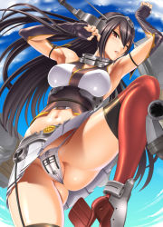 Rule 34 | 10s, 1girl, armpits, arms up, black hair, blush, brown eyes, cameltoe, elbow gloves, female focus, from below, gloves, hairband, highres, kantai collection, long hair, looking at viewer, machinery, midriff, nagato (kancolle), navel, one eye closed, panties, pantyshot, partially visible vulva, personification, pierre norano, solo, text focus, thighhighs, translated, underwear, wink