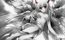 Rule 34 | 1girl, breasts, censored, convenient censoring, hair censor, hair over breasts, highres, horns, large breasts, long hair, monochrome, red eyes, solo, spot color, tomose shunsaku, wallpaper, wings