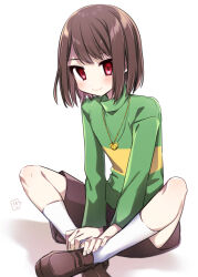 Rule 34 | 1other, blush, bob cut, brown footwear, brown hair, brown shorts, chara (undertale), closed mouth, fingernails, foot out of frame, green sweater, hands on own legs, heart, heart necklace, highres, indian style, jewelry, kneehighs, knees apart feet together, leftporygon, loafers, long sleeves, looking at viewer, necklace, red eyes, shadow, shoes, short hair, shorts, sitting, smile, socks, solo, spoken smile, striped clothes, striped sweater, sweater, turtleneck, turtleneck sweater, undertale, white background, white socks, yellow sweater