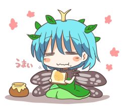 Rule 34 | 1girl, = =, antennae, aqua hair, blush, blush stickers, butterfly wings, closed mouth, dress, eating, eternity larva, fairy, food, food on face, green dress, hair between eyes, holding, holding food, honey, honeypot, insect wings, leaf, leaf on head, motion lines, multicolored clothes, multicolored dress, rokugou daisuke, short hair, short sleeves, single strap, smile, solo, touhou, white background, wings