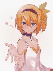 Rule 34 | 1girl, bare shoulders, black choker, black hairband, blonde hair, blowing kiss, blue eyes, choker, collarbone, commentary, dress, edna (tales), flat chest, frieren blowing a kiss (meme), green ribbon, hair between eyes, hair ribbon, hairband, heart, highres, meme, open hand, parted lips, ribbon, short hair, simple background, solo, spaghetti strap, tales of (series), tales of zestiria, upper body, vampire mnk, white dress