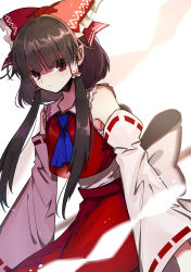 Rule 34 | 1girl, absurdres, ascot, back bow, bandages, bare shoulders, black hair, blue ascot, blush, bow, brown eyes, closed mouth, collared shirt, detached sleeves, eyes visible through hair, frills, hair between eyes, hair ornament, hair tubes, hakurei reimu, highres, ichirugi, long sleeves, looking at viewer, red bow, red skirt, red vest, ribbon-trimmed sleeves, ribbon trim, shirt, short hair, simple background, skirt, solo, standing, touhou, vest, white background, white bow, white shirt, wide sleeves