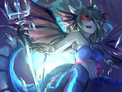 Rule 34 | 1girl, bikini, bikini top only, blue hair, demon girl, fins, frost demon (p&amp;d), fur, hair over one eye, head fins, highres, horns, melon22, midriff, navel, polearm, puzzle &amp; dragons, red eyes, solo, swimsuit, tail, trident, weapon