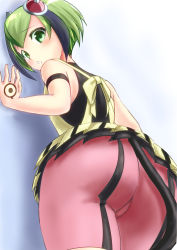 Rule 34 | 10s, 1girl, :o, android, ass, bare arms, bare shoulders, bike shorts, black hair, blush, dimension w, dress, green eyes, green hair, headgear, highres, huge ass, layered dress, looking at viewer, looking back, looking down, matching hair/eyes, multicolored hair, parted lips, short dress, short hair, sleeveless, sleeveless dress, solo, streaked hair, tail, upskirt, yurizaki mira