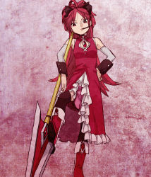 Rule 34 | 10s, 1girl, black thighhighs, boots, bow, detached sleeves, frills, hair bow, long hair, magical girl, mahou shoujo madoka magica, mahou shoujo madoka magica (anime), polearm, red eyes, red hair, sakura kyoko, skirt, solo, spear, takuan (takuanlunch), thighhighs, weapon