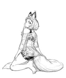 Rule 34 | 1girl, ahoge, animal ear fluff, animal ears, ass, bare shoulders, barefoot, bike shorts, blush, closed mouth, fox ears, fox girl (jaco), fox tail, greyscale, jaco, kneeling, large tail, long sleeves, looking at viewer, looking back, monochrome, off shoulder, original, shirt, short eyebrows, simple background, sketch, smile, soles, solo, tail, thick eyebrows, white background