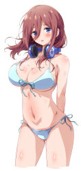 Rule 34 | 1girl, absurdres, arms behind back, bikini, blue bikini, blue eyes, blush, breasts, cleavage, collarbone, cropped legs, eggman (pixiv28975023), eyes visible through hair, go-toubun no hanayome, grey background, hair between eyes, halterneck, headphones, headphones around neck, highres, large breasts, looking at viewer, medium hair, nakano miku, navel, open mouth, red hair, revision, side-tie bikini bottom, simple background, solo, standing, stomach, string bikini, swimsuit, thighs, white background