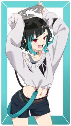 Rule 34 | 1girl, akitetsu, arms up, black hair, black shorts, blue hair, commentary request, cowboy shot, demon girl, demon horns, demon tail, fang, fishnets, flat chest, grey choker, grey sweater, grey tank top, highres, holding tail, horns, long hair, long sleeves, looking at viewer, midriff, multicolored hair, nanashi inc., navel, official alternate costume, open mouth, pointy ears, red eyes, shishio chris, shishio chris (2nd costume), shorts, sleeves past fingers, sleeves past wrists, smile, solo, sugar lyric, sweater, tail, tank top, two-tone hair, virtual youtuber, white background