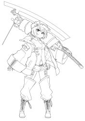 Rule 34 | 1girl, boots, frills, gloves, greyscale, hat, highres, holding, holding sword, holding weapon, jacket, kometsubu, long sleeves, monochrome, open clothes, open jacket, original, over shoulder, padded jacket, short hair, simple background, sleeves past wrists, solo, standing, sword, sword over shoulder, weapon, weapon over shoulder, white background, wide sleeves