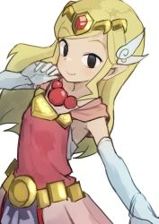 Rule 34 | 1girl, black eyes, blonde hair, dress, elbow gloves, female focus, gazacy (dai), gloves, gold, grin, highres, jewelry, long hair, nintendo, pink dress, pointy ears, princess zelda, simple background, smile, solo, standing, the legend of zelda, the legend of zelda: the wind waker, toon zelda, white background