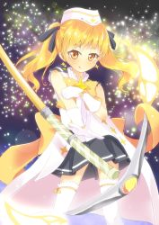 Rule 34 | 1girl, blonde hair, coat, gloves, gradient background, hair ribbon, hat, highres, hikaru (houkago no pleiades), houkago no pleiades, licking lips, long hair, looking at viewer, magical girl, open clothes, open coat, pickaxe, ribbon, sash, shirt, skirt, smile, solo, thighhighs, tongue, tongue out, twintails, white gloves, white thighhighs, yellow eyes, yuimari, zettai ryouiki