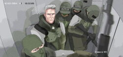 5boys armor assault_rifle balaclava character_request closed_mouth combat_helmet commentary dgkamikaze elevator english_commentary frown girls&#039;_frontline green_armor green_pants grey_hair gun helmet highres holding holding_gun holding_weapon kalashnikov_rifle kcco_(girls&#039;_frontline) looking_at_viewer male_focus military_uniform multiple_boys nose pants rifle russo-ukrainian_war security_camera short_hair soldier timestamp twitter_username weapon yegor_(girls&#039;_frontline)