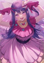 Rule 34 | 1girl, blush, commentary, double v, dress, gloves, hair ornament, hands up, highres, hoshino ai (oshi no ko), idol, long hair, looking at viewer, me meel, open mouth, oshi no ko, pink dress, pink eyes, pink gloves, purple hair, rabbit hair ornament, sidelocks, sleeveless, sleeveless dress, smile, solo, star-shaped pupils, star (symbol), star hair ornament, symbol-shaped pupils, v