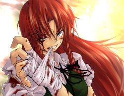 Rule 34 | 1girl, bad id, bad pixiv id, bandages, blood, blue eyes, braid, ex-meiling, female focus, hong meiling, immaterial and missing power, konoe yuba, long hair, mouth hold, red hair, solo, touhou, twin braids