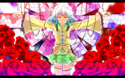 Rule 34 | 1girl, closed eyes, crucifixion, female focus, flower, komeiji koishi, letterboxed, nanamomo rio, nanamomorio, no headwear, outstretched arms, plant, rose, silver hair, skirt, solo, spread arms, stained glass, thorns, touhou, vines, wide sleeves