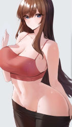 Rule 34 | 1girl, absurdres, arm support, bare shoulders, black pants, blue eyes, breasts, brown hair, clothes pull, collarbone, cowboy shot, crop top, hand on wall, highres, incredibly absurdres, large breasts, long hair, looking at viewer, midriff, navel, original, pants, pants pull, rororo, sideboob, solo, stomach, suggestive fluid, sweatdrop