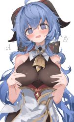 Rule 34 | 1girl, @ @, ahoge, bare arms, bell, blue eyes, blue hair, blush, bow, breasts, embarrassed, flying sweatdrops, ganyu (genshin impact), genshin impact, grabbing own breast, highres, horns, long hair, looking at viewer, medium breasts, mikozin, neck bell, no gloves, sidelocks, simple background, sleeveless, solo, tearing up, upper body, wavy mouth, white background