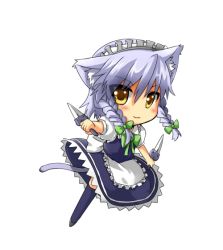 Rule 34 | 1girl, animal ears, bad id, bad pixiv id, braid, cat ears, cat girl, cat tail, chibi, female focus, full body, hairband, izayoi sakuya, knife, maid, short hair, silver hair, simple background, solo, tail, thighhighs, throwing knife, toichi, touhou, twin braids, weapon, white background, yellow eyes
