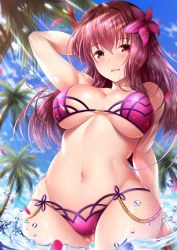 Rule 34 | 1girl, arm up, bad id, bad twitter id, bare shoulders, beach, bikini, blue sky, blush, breasts, cleavage, collarbone, day, fate/grand order, fate (series), flower, gae bolg (fate), garana, gluteal fold, hair between eyes, hair flower, hair ornament, hibiscus, highres, hip focus, large breasts, lens flare, light particles, long hair, looking at viewer, navel, ocean, open mouth, palm tree, petals, purple bikini, purple hair, red eyes, scathach (fate), scathach (fate/grand order), scathach (swimsuit assassin) (fate), sky, smile, solo, sunlight, swimsuit, tree, wading