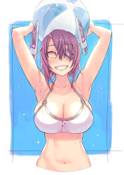 Rule 34 | 10s, 1girl, armpits, arms up, ball, beachball, bikini, bikini top only, blue background, breasts, cleavage, cropped torso, eyepatch, fang, grin, headgear, highres, kantai collection, large breasts, looking at viewer, navel, no legs, purple hair, short hair, simple background, skindentation, smile, solo, swimsuit, tenryuu (kancolle), upper body, white background, white bikini, yellow eyes, yuuji (and)