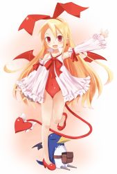 Rule 34 | 1girl, :d, bad id, bad pixiv id, bat wings, blonde hair, bow, covered navel, creature, cupen, demon tail, disgaea, earrings, fang, flonne, flonne (fallen angel), full body, hair ribbon, heart, highres, jewelry, leotard, long hair, makai senki disgaea, open mouth, pointy ears, prinny, red eyes, red leotard, ribbon, shoes, smile, standing, standing on one leg, tail, tail bow, tail ornament, wings
