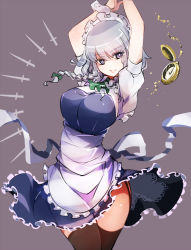 Rule 34 | 1girl, apron, arms up, ascot, black thighhighs, blue dress, blue eyes, bow, braid, breasts, commentary request, cowboy shot, dress, frilled apron, frills, garter straps, green ascot, green bow, hair bow, highres, izayoi sakuya, large breasts, looking at viewer, maid, maid apron, maid headdress, no nose, one-hour drawing challenge, pocket watch, puffy short sleeves, puffy sleeves, purple background, raptor7, shirt, short dress, short hair, short sleeves, silver hair, simple background, smile, solo, strapless, strapless dress, thighhighs, thighs, touhou, twin braids, waist apron, watch, white apron, white shirt, wrist cuffs