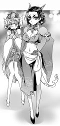 Rule 34 | 10s, 2girls, blush, breasts, chinese clothes, cleavage, cleavage cutout, clothing cutout, demon girl, demon girl (maouyuu), detached sleeves, dragon girl, dragon horns, dragon tail, embarrassed, eyebrows, greyscale, hair up, hand on own hip, highres, horns, ishida akira, karyuu koujo, knees together feet apart, large breasts, long image, maoyuu maou yuusha, mazoku musume (maoyuu), midriff, monochrome, monster girl, multiple girls, navel, shorts, shorts under skirt, side slit, tail, tall image, thick eyebrows, wide sleeves