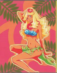 Rule 34 | 10s, 1girl, arm up, bandeau, barefoot, blonde hair, curly hair, flower, flower necklace, green eyes, hair flower, hair ornament, highres, honey (space dandy), jewelry, lei, long hair, makeup, midriff, navel, necklace, official art, scan, skirt, solo, space dandy, tan