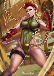 Rule 34 | 1girl, antenna hair, armpits, artist name, bare legs, bare shoulders, beret, blonde hair, blue eyes, breasts, buckle, cammy white, capcom, clenched hand, clock, closed mouth, collarbone, covered erect nipples, covered navel, dandon fuga, elbow gloves, fighting stance, fingerless gloves, fingernails, gloves, green leotard, groin, hair between eyes, hat, highleg, highleg leotard, holster, impossible clothes, impossible leotard, indoors, large breasts, leotard, lips, long fingernails, long hair, partially visible vulva, pocket, pointer, red gloves, red hat, roman numeral, skin tight, solo, standing, street fighter, street fighter v, thigh holster, thigh strap, very long hair, watermark, web address