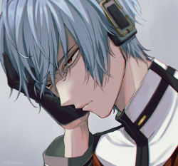 Rule 34 | 1boy, angry, black gloves, blue hair, close-up, coat, commentary, general (module), glaring, gloves, hand in own hair, headphones, kaito (vocaloid), male focus, nokuhashi, parted lips, portrait, project diva (series), red eyes, solo, unhappy refrain (vocaloid), vocaloid, white coat