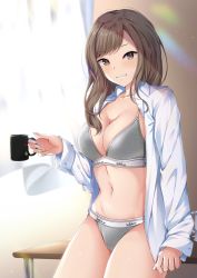 Rule 34 | 1girl, bra, breasts, brown eyes, brown hair, cleavage, commentary request, cup, curtains, dress shirt, grey bra, grey panties, grin, kotohane, long hair, mug, navel, no pants, open clothes, open shirt, original, panties, shirt, sitting, smile, solo, table, thighs, underwear, white shirt