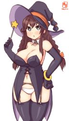 Rule 34 | 1girl, alternate costume, artist logo, black gloves, black hat, black thighhighs, braid, breasts, brown hair, cleavage, collarbone, commentary request, cowboy shot, dated, detached collar, elbow gloves, garter belt, garter straps, gloves, green eyes, halloween costume, hat, highres, holding, holding wand, kanon (kurogane knights), kantai collection, large breasts, looking at viewer, noshiro (kancolle), panties, simple background, solo, standing, star (symbol), swept bangs, thighhighs, twin braids, underwear, wand, white background, white panties, witch hat