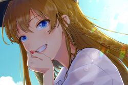 Rule 34 | 1girl, black hat, blonde hair, blue eyes, blue sky, braid, cloud, commentary request, day, eyelashes, grin, hand on own cheek, hand on own face, hat, highres, idolmaster, idolmaster million live!, light blush, long hair, looking at viewer, nail polish, outdoors, red lips, red nails, shirt, sidelocks, single braid, sky, smile, solo, straight hair, sunlight, tokoro megumi, upper body, white shirt, white sleeves, witoi (roa)