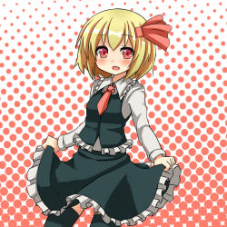 Rule 34 | 1girl, :d, black dress, black thighhighs, blonde hair, blush, clothes grab, dress, fang, female focus, frilled skirt, frills, hair ribbon, jd (112731258), jd (bibirijd), long sleeves, looking at viewer, necktie, open mouth, red eyes, red necktie, ribbon, rumia, short hair, simple background, skirt, skirt set, smile, solo, thighhighs, touhou, tress ribbon, vest, zettai ryouiki