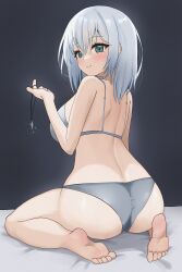 Rule 34 | 1girl, absurdres, aqua eyes, arm at side, ass, back, bang dream!, bare arms, bare legs, bare shoulders, barefoot, bed sheet, black background, bra, breasts, closed mouth, commentary, from behind, full body, grey bra, grey hair, grey panties, hair between eyes, hand up, hellz (kari), highres, holding, holding jewelry, holding necklace, jewelry, unworn jewelry, kurata mashiro, large breasts, light blush, looking at viewer, looking back, medium hair, necklace, unworn necklace, panties, pendant, shoulder blades, sitting, smile, soles, solo, sparkle, underwear, underwear only, wariza