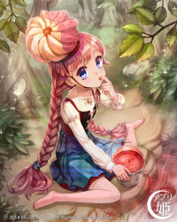 Rule 34 | 10s, 1girl, 2014, barefoot, braid, branch, bucket, bush, dawkinsia, dessert, eating, feet, finger in own mouth, food, from above, fruit, hat, jam, leaf, long hair, looking at viewer, looking up, original, outdoors, pink hair, plant, purple eyes, sitting, skirt, solo, strawberry, toes, tree, twin braids, wariza, wide-eyed
