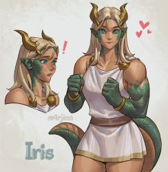 Rule 34 | !, 1girl, absurdres, ancient greek clothes, belt, blonde hair, blue eyes, blush, bracelet, breasts, character name, chiton, clenched hands, collarbone, colored skin, dark-skinned female, dark skin, dragon girl, dragon horns, dragon tail, expressions, greco-roman clothes, green skin, highres, horns, jewelry, m4rjinn, medium breasts, medium hair, multicolored skin, muscular, muscular female, nose blush, original, pointy ears, scales, slit pupils, solo, standing, tail, thick thighs, thighs