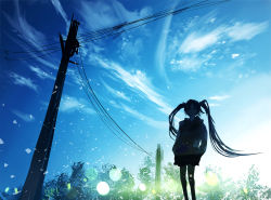 Rule 34 | 1girl, backlighting, bad id, bad pixiv id, blue sky, blurry, bokeh, commentary, depth of field, expressionless, hands in pockets, hatsune miku, highres, jacket, karanagare, long hair, looking at viewer, miniskirt, plant, power lines, scenery, skirt, sky, solo, standing, twintails, very long hair, vocaloid, wire